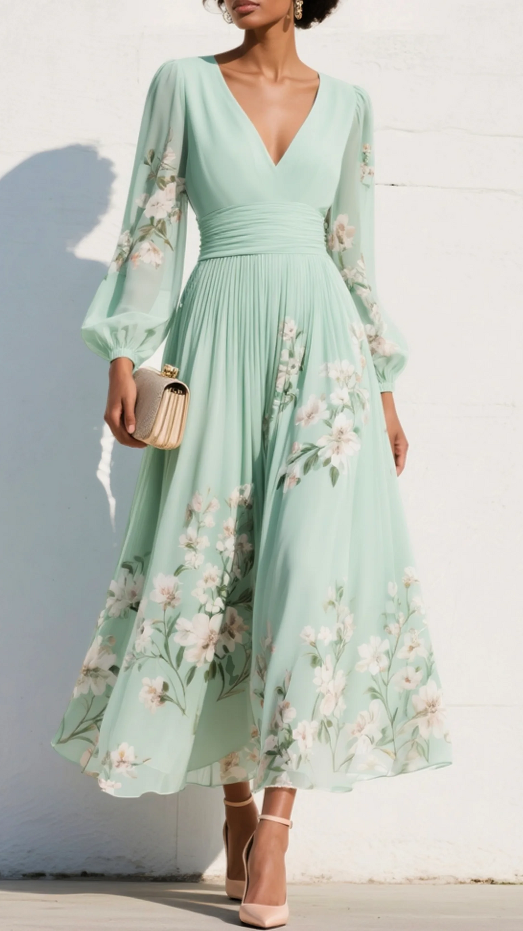 Gabriela ™ Vestido midi floral plisado de gasa con escote en V verde claro