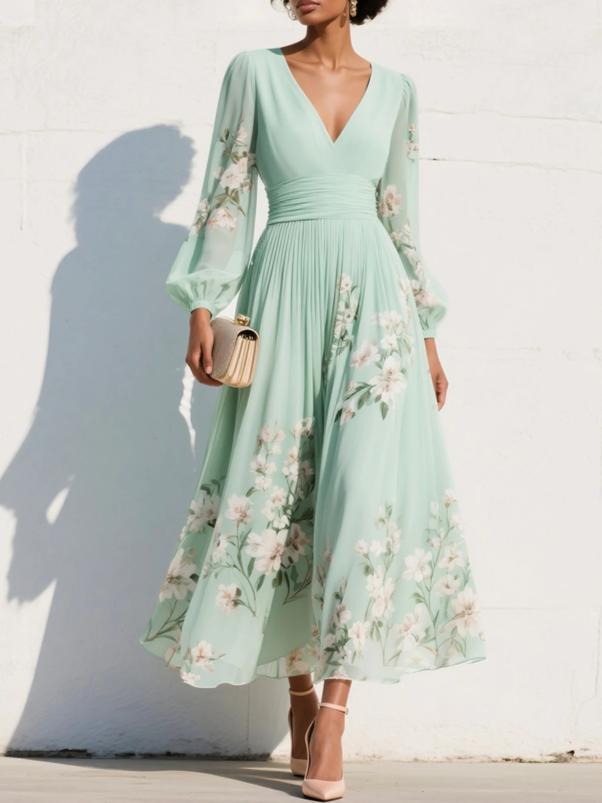 Gabriela ™ Vestido midi floral plisado de gasa con escote en V verde claro