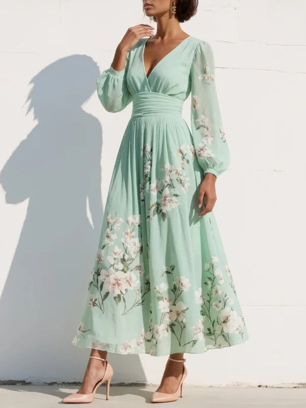 Gabriela ™ Vestido midi floral plisado de gasa con escote en V verde claro