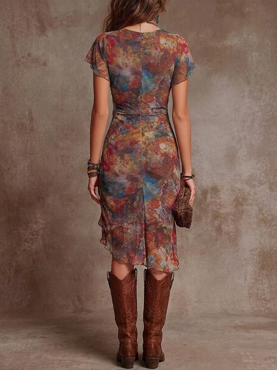 Martina — Vestido midi plisado con escote en V y estampado artístico.