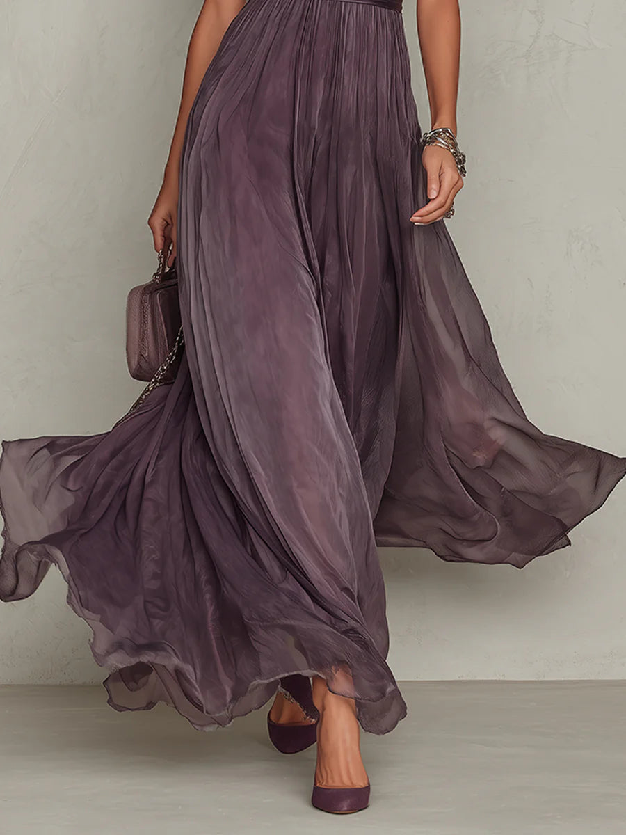 Flavia ™ Vestido largo violeta con escote de lágrima y borde de encaje de chiffon