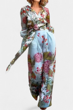 Sanne Conjunto Elegante Estampado de Camisa y Pantalón Fluido