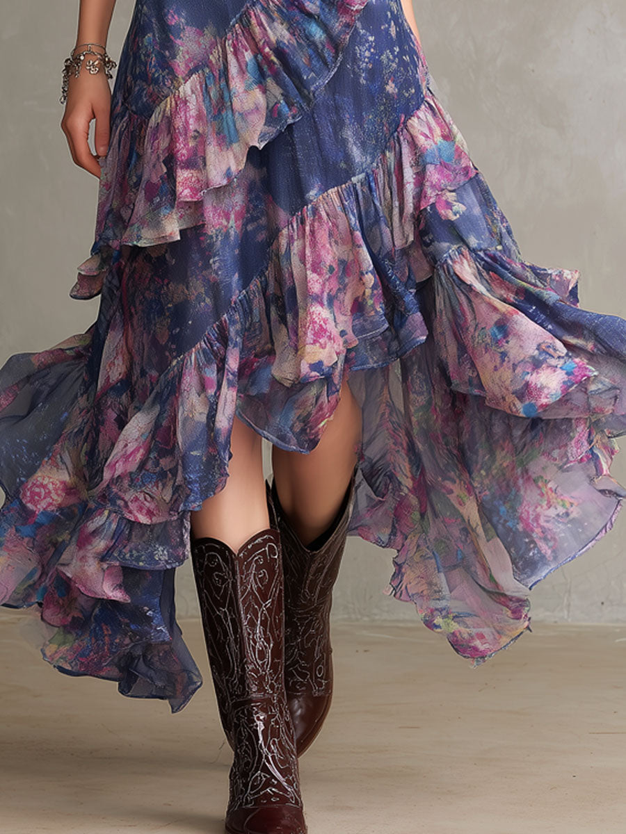 Vestido maxi bohemio floral con capas vaporosas, volantes y cuello alto