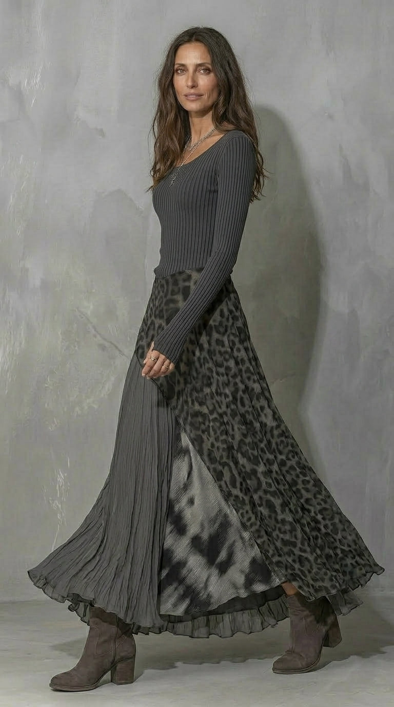 SILVANA | Vestido Maxi Plisado con Estampado Animal