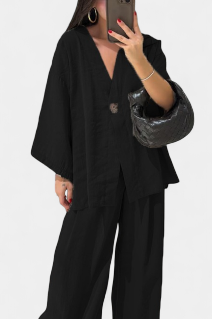 Eli Conjunto Oversize de Top con Cuello en V y Pantalón Recto