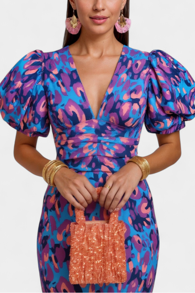 Wibia Vestido Estampado con Fruncido Central y Mangas Volumen