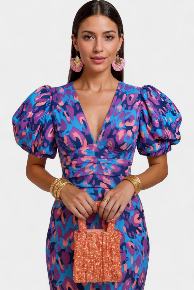 Wibia Vestido Estampado con Fruncido Central y Mangas Volumen