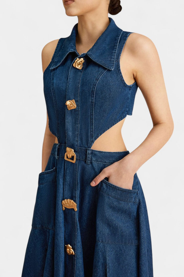 Alia Vestido de Mezclilla sin Mangas con Corte Moderno