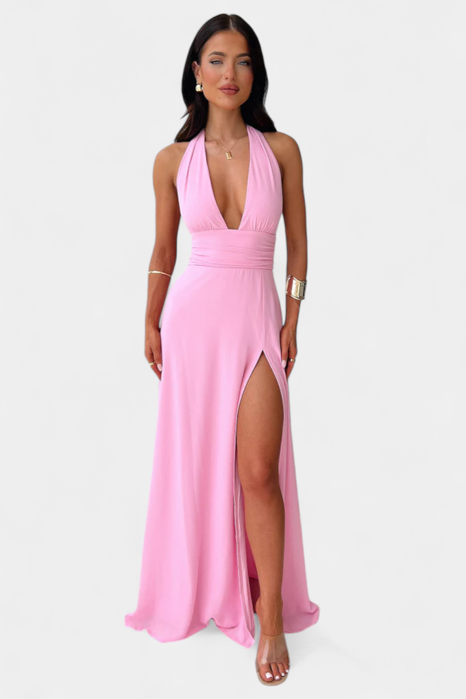 Latisha Vestido de Cuello Halter y Gran Abertura
