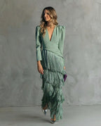 Alessia - Vestido midi elegante con mangas de flecos