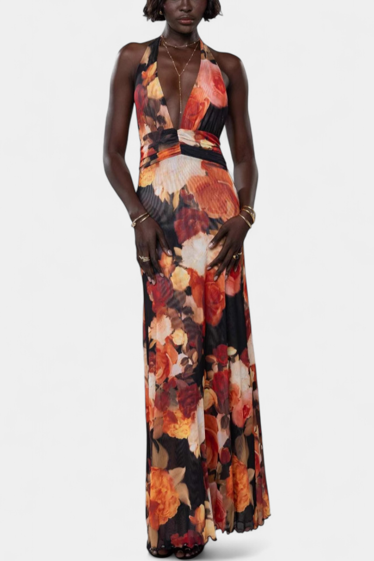 Melodía Vestido Maxi de Lunares con Escote Halter y Cintura Fruncida