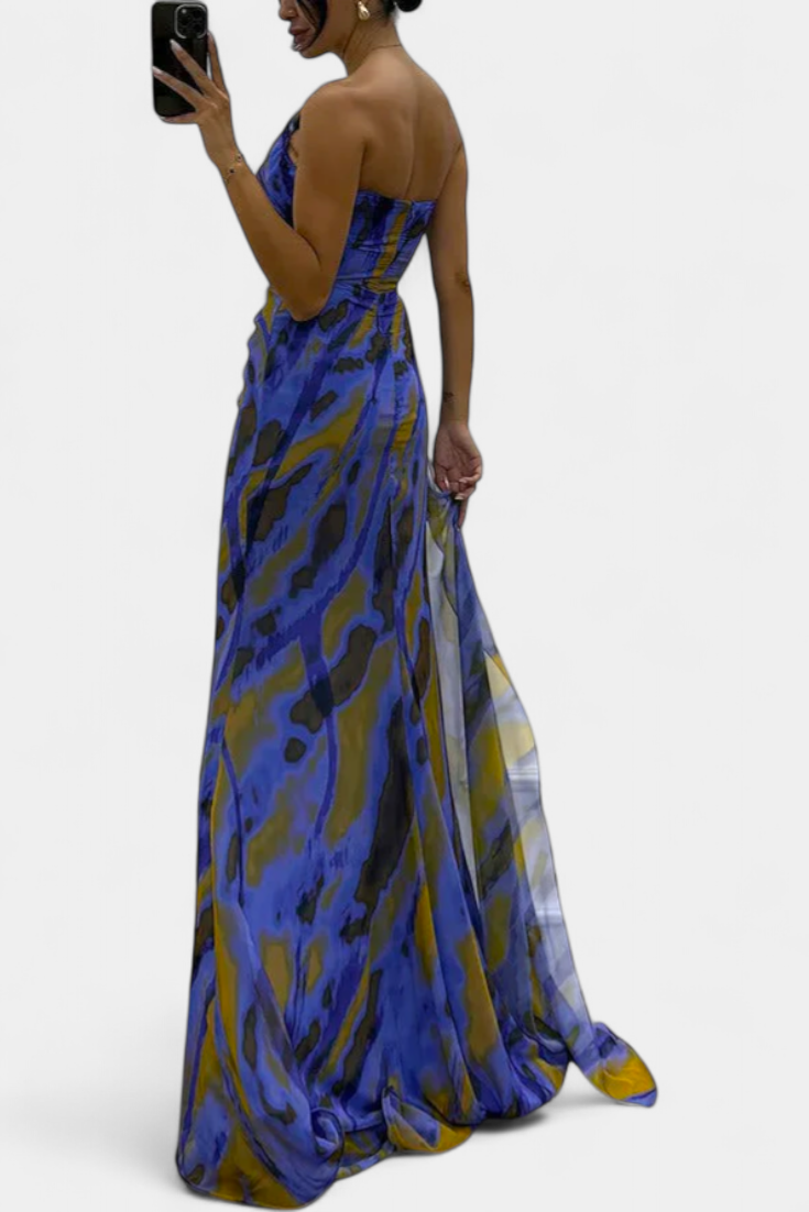 Aylin Vestido Maxi Asimétrico con Estampado Vibrante