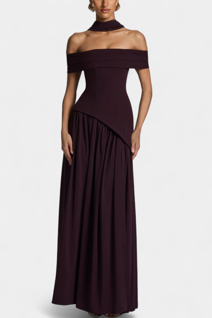 Celaena Vestido Maxi Off Shoulder de Chiffon con Abertura Lateral