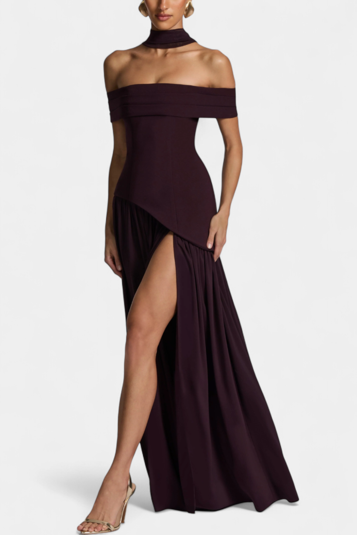 Celaena Vestido Maxi Off Shoulder de Chiffon con Abertura Lateral
