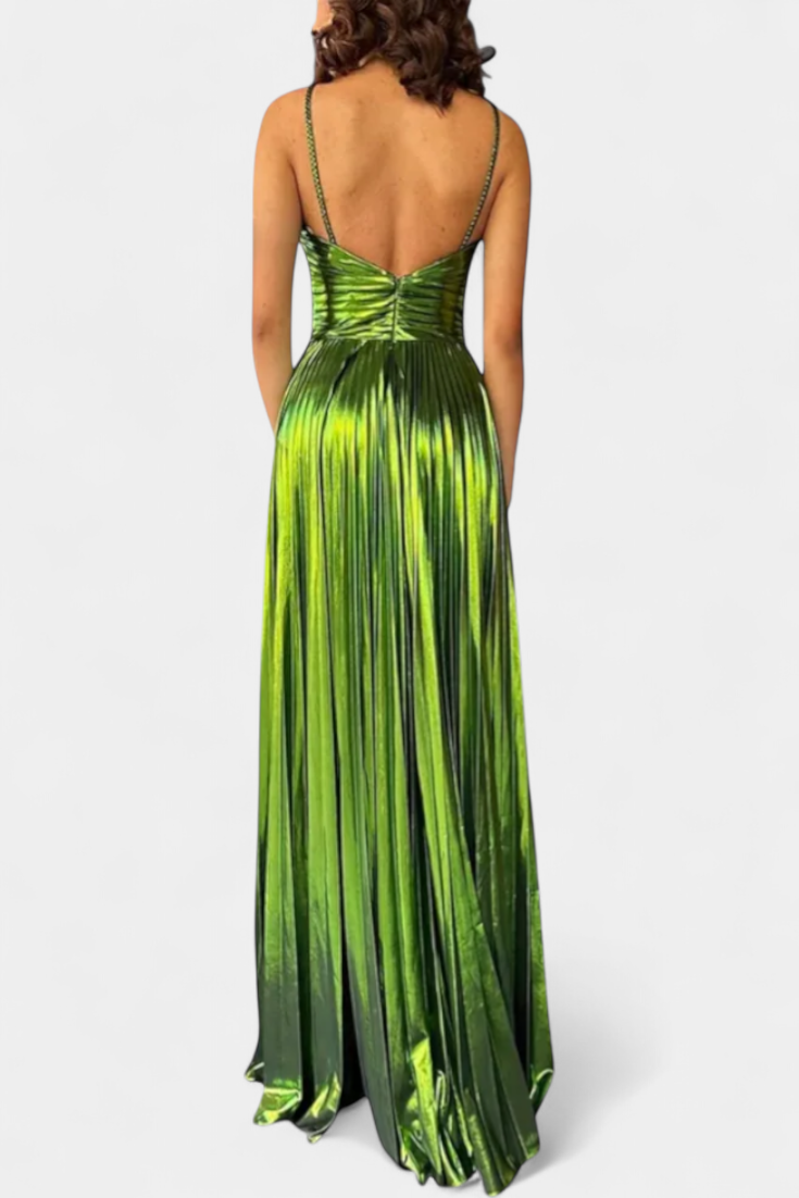 Aikaterini Vestido Maxi Metálico con Cuello Cruzado y Abertura