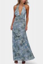 Melodía Vestido Maxi de Lunares con Escote Halter y Cintura Fruncida
