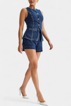 Raya Conjunto Denim sin Mangas y Shorts de Talle Alto