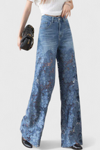 Jasiel Pantalón Palazzo de Encaje Denim con Bordado Floral