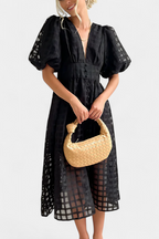 Marigold Vestido Midi de Manga Abullonada con Patrón de Cuadrados