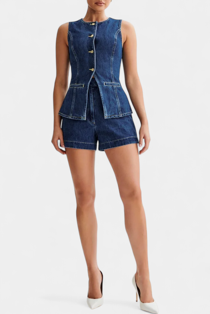 Raya Conjunto Denim sin Mangas y Shorts de Talle Alto