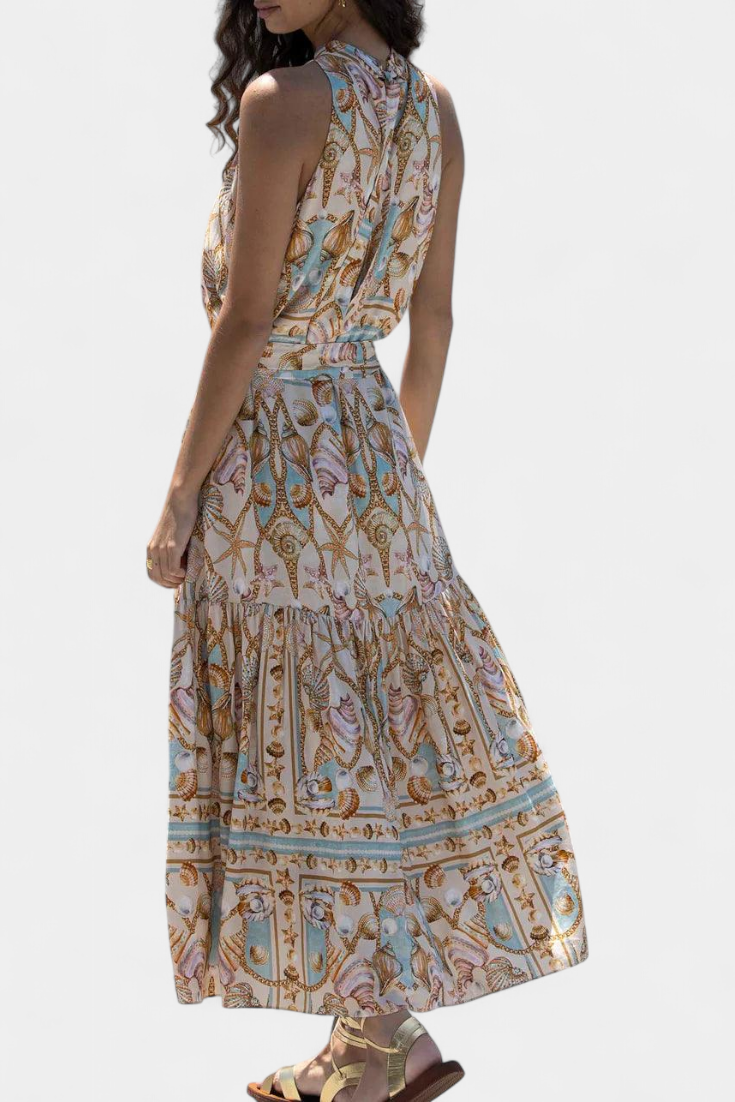 Teófila Vestido Largo Silky con Estampado de Tesoros del Océano
