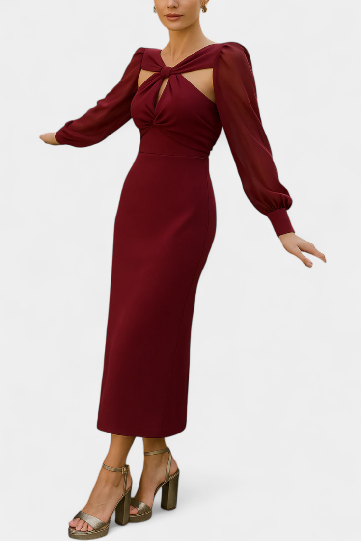 Julissa Vestido Midi Burdeos con Detalle Anudado y Espalda Abierta