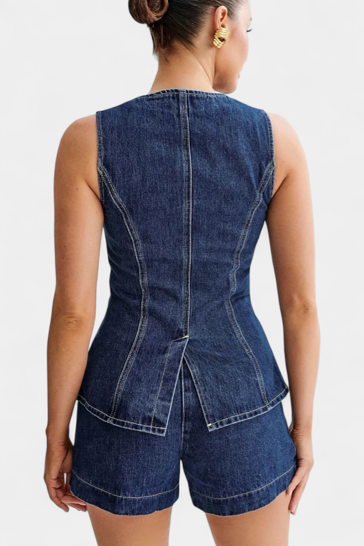 Raya Conjunto Denim sin Mangas y Shorts de Talle Alto