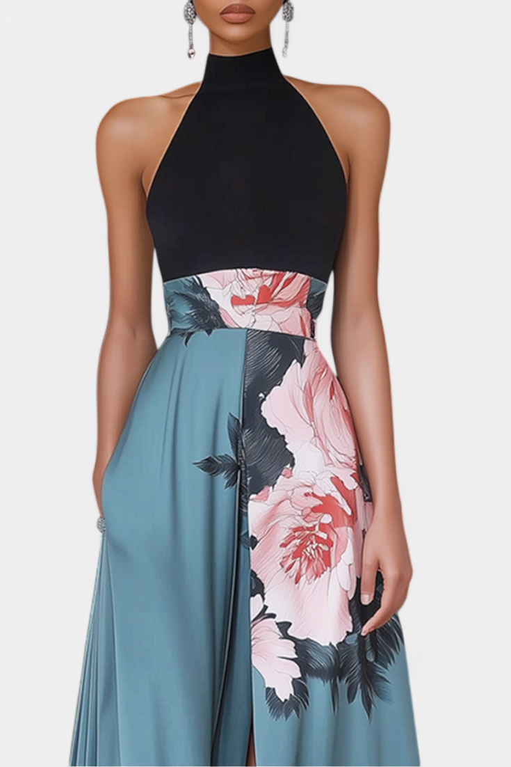 Radmila Vestido A-Line con Cuerpo Negro y Falda Floral en Contraste