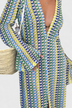 Crisanta Vestido Largo Estampado con Ondas Multicolores y Manga Larga