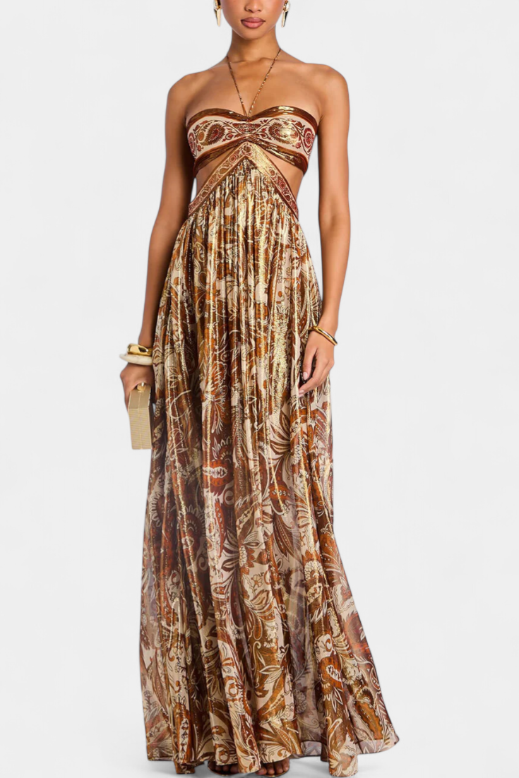 Tasha Vestido Maxi Halter con Espalda Descubierta y Detalles Huecos