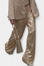 Elva Pantalones de Lentejuelas de Cintura Alta y Corte Holgado