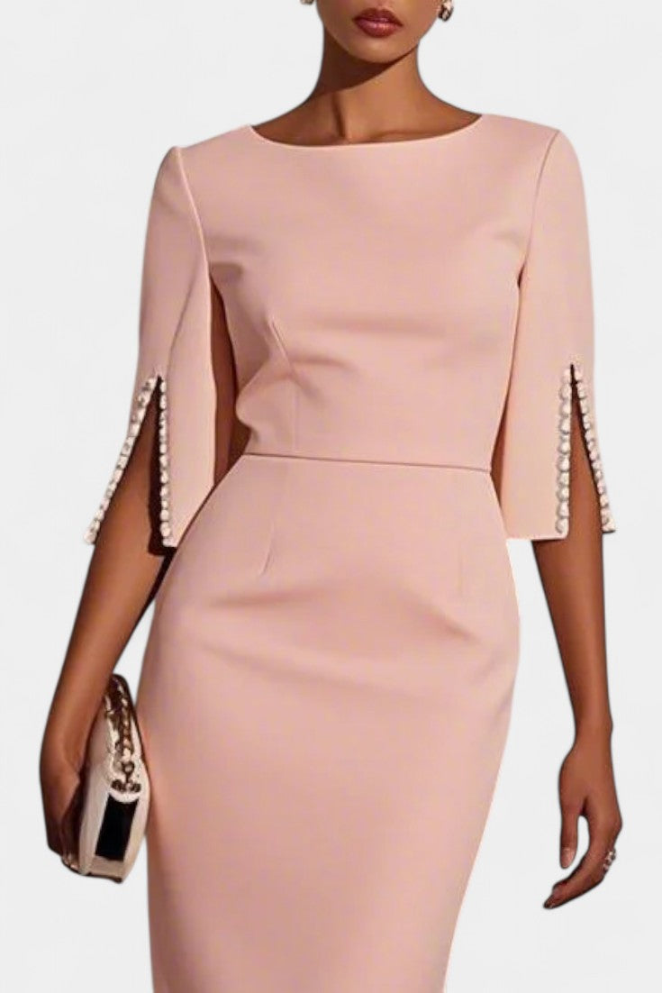 Reece Vestido Midi con Perlas y Cuello Redondo