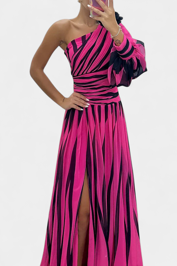 Bethania Vestido Maxí Elegante de Rayas con Un Solo Hombro