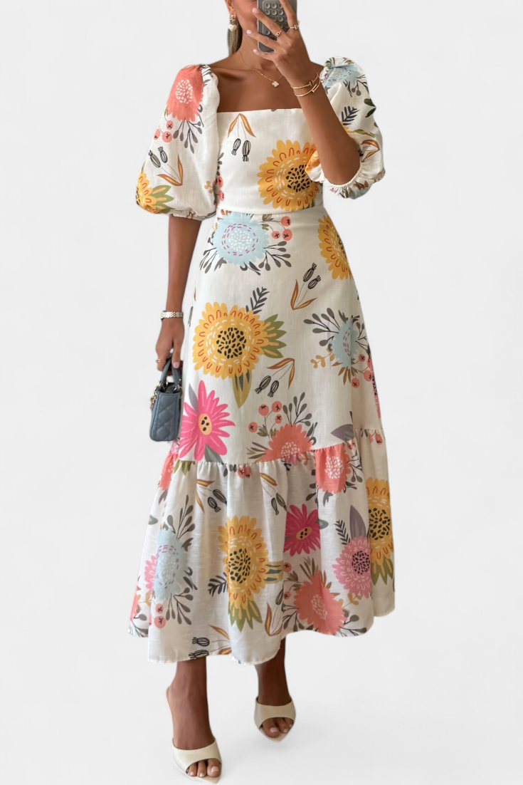 Kacey Vestido Midi de Algodón con Estampado Floral y Manga Abullonada