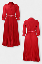 Michelle Vestido Midi con Cuello Sastrero y Cinturón Plisado