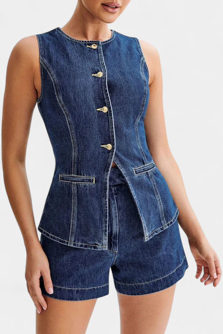 Raya Conjunto Denim sin Mangas y Shorts de Talle Alto