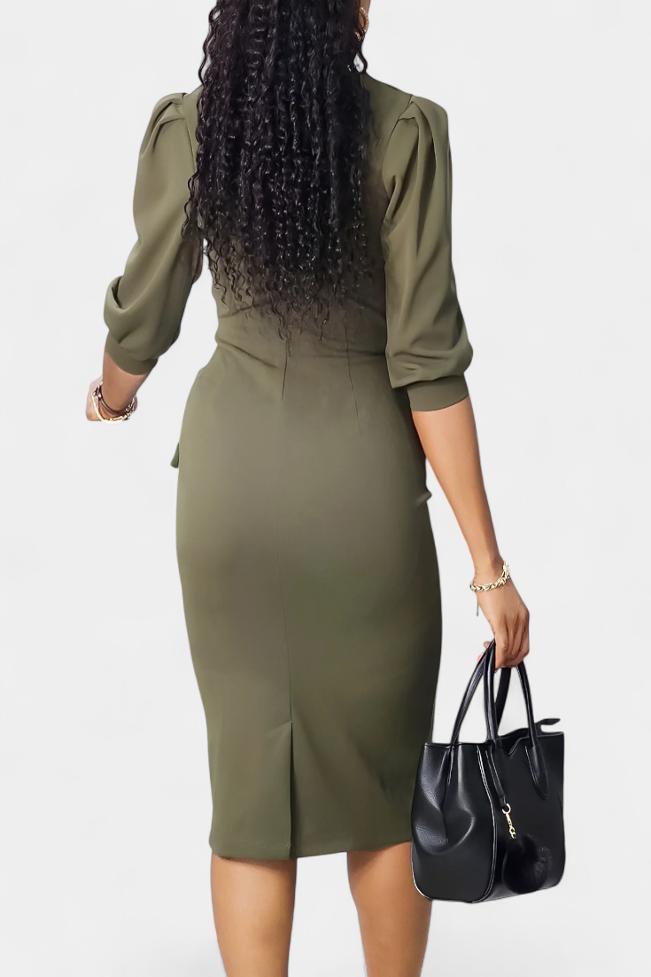 Reanna Vestido Midi Ajustado con Mangas Abullonadas