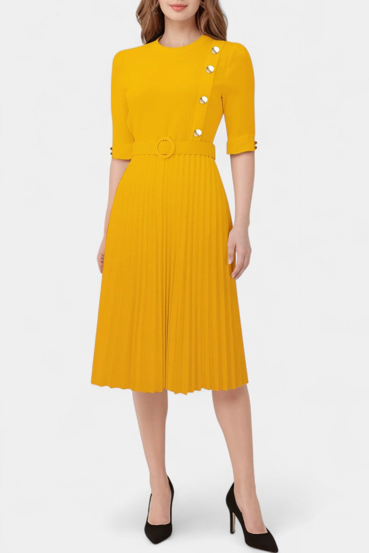 Zandie Vestido con Pliegues y Botones Decorativos