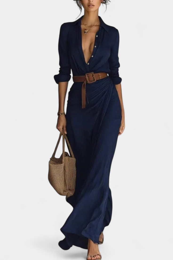 Souline Vestido Maxi con Solapa y Manga Larga