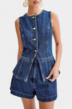 Raya Conjunto Denim sin Mangas y Shorts de Talle Alto