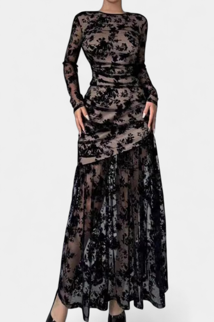 Alvana Vestido Largo Floral de Cuello Redondo