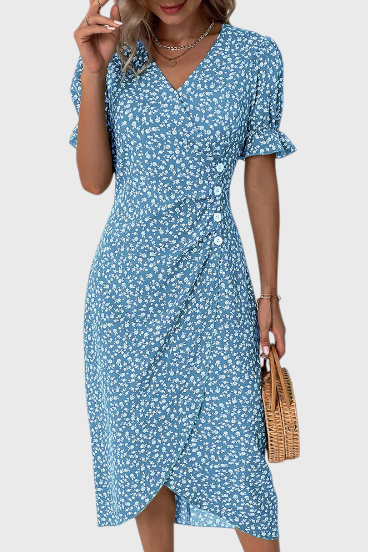 Joana Vestido Midi Floral con Escote en V y Mangas Cortas