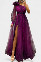Becca Vestido Maxi de Chiffón con Hombro Descubierto y Flor Voluminosa