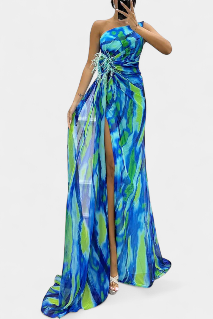 Aylin Vestido Maxi Asimétrico con Estampado Vibrante