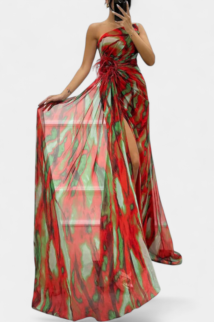 Aylin Vestido Maxi Asimétrico con Estampado Vibrante