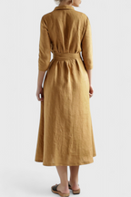 Sharon Vestido Midi Vintage de Algodón y Lino con Cuello de Solapa