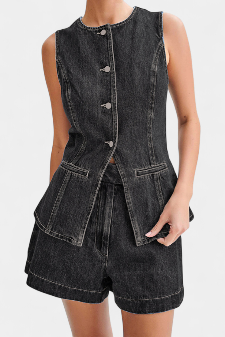 Raya Conjunto Denim sin Mangas y Shorts de Talle Alto