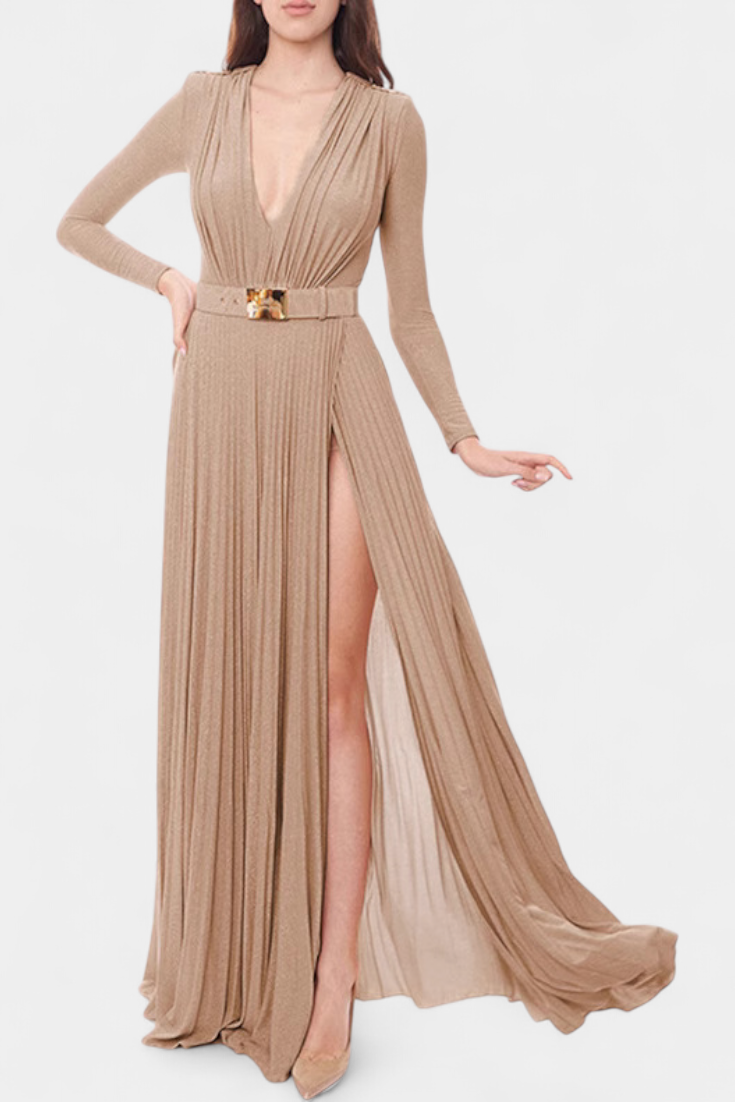 Raisa Vestido Largo Plisado con Escote Profundo