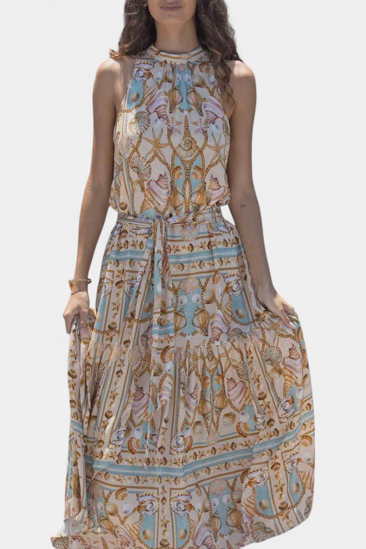 Teófila Vestido Largo Silky con Estampado de Tesoros del Océano