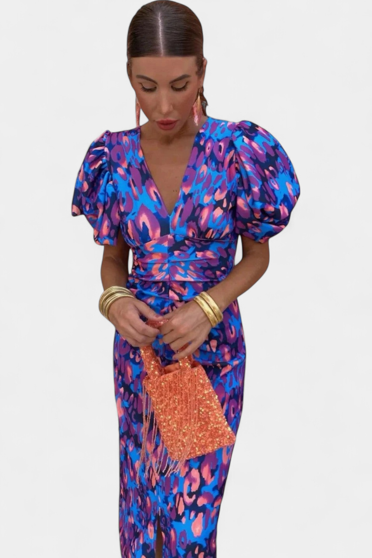 Wibia Vestido Estampado con Fruncido Central y Mangas Volumen